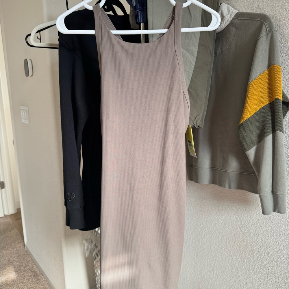 All in Motion Tan Sheath Midi Dress Scoop Neck Sleeveless